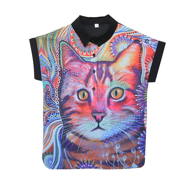 Блузка женская шифоновая с принтом рубашка коротким рукавом и отложным