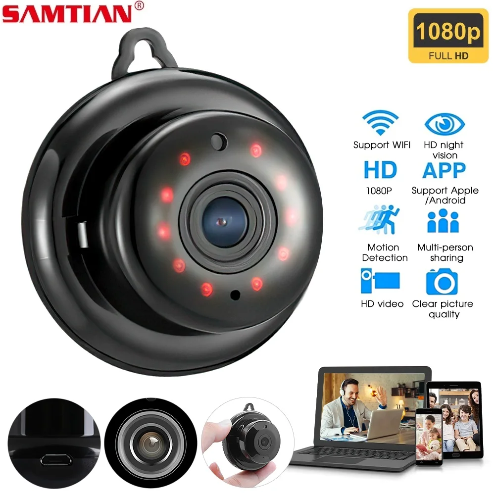 

SAMTIAN Mini Camera HD 1080P Wireless Wifi IP Camera Indoor Camera Nightvision Audio Motion Detection Baby Monitor Camera