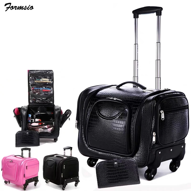 women leather makeup box carry on large capacity Cosmetic case bag beauty suitcase