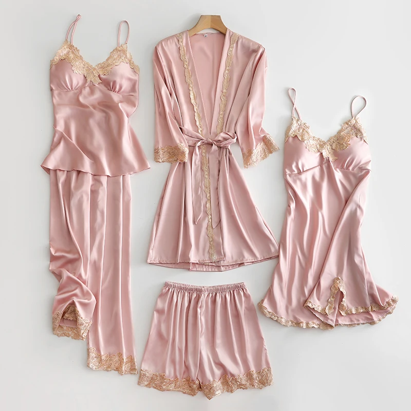 5PCS Pajams Set Lady Satin WEDDING Sleepwear Kimono Bath Gown Lace Trim Intimate Lingerie Casual Sleep Set Sexy V-neck Nightwear