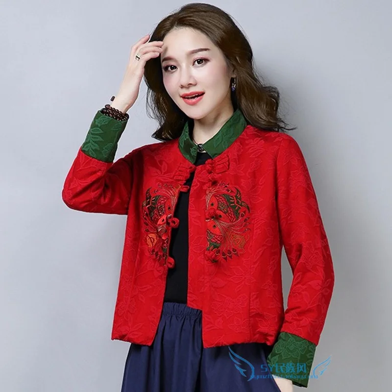 Осенние винтажные Женские китайские топы с цветочной вышивкой и стоячим