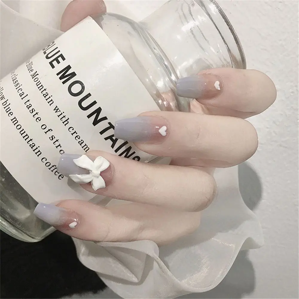 

24 Pcs False Nails Gradient Gray Love Butterfly Nail Patch Glue Type Removable Manicure Tools Ballerina Acrylic French Nail