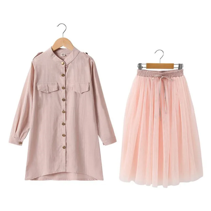 Осенняя одежда для девочек комплект из двух предметов платье-рубашка и юбка в