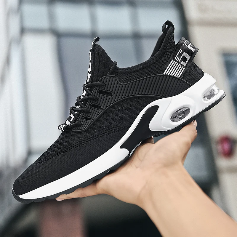 

Male Air Cushion Sports Casual Shoes Running Sneakers Black Mesh Fabric Men's Shoes Wear-Resistant Non-Slip White Shoes Lace-up
