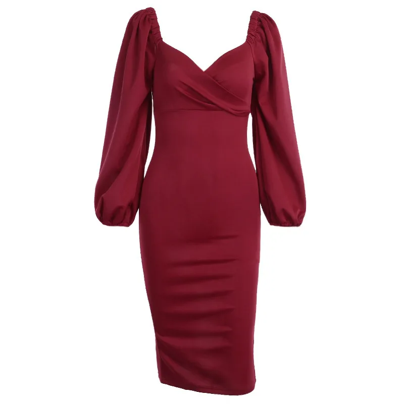 

2020 Autumn Sexy V-neck off Shoulder Bodycon Dress Women Party Lantern Sleeve Black Elegant Midi Dress Mujer Red Slim Dress