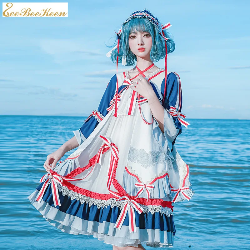 Женское платье для косплея Hanfu взрослых голубое с бантом и перекрестными лямками