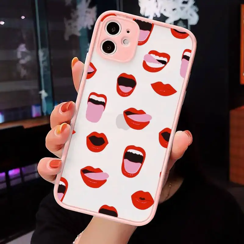 

Sexy lady make up Pink Red lips rolling Phone Case matte transparent For iphone 7 8 11 12 plus mini x xs xr pro max cover