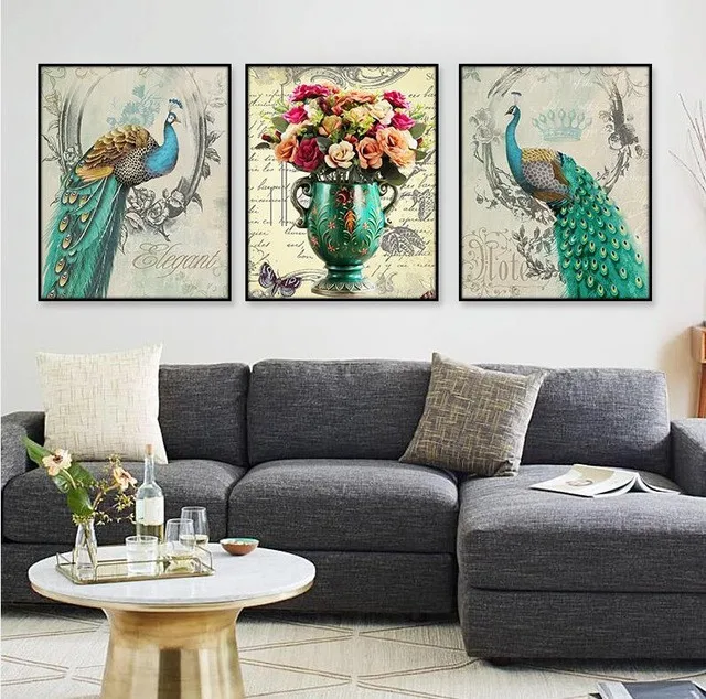 Красивые хохлатые павлины и скандинавском стиле цветочные окрашенные постеры с