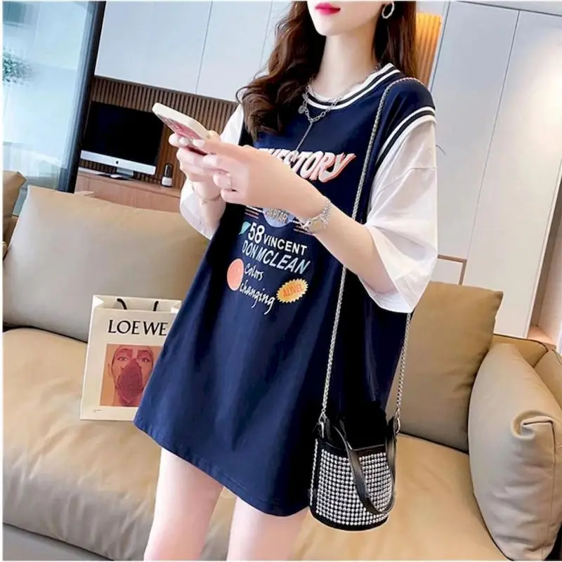 

Short-sleeved T-shirt Woman T-shirt 2021 Summer New Korean Loose Fake Two-piece Large Size Student T Shirt Women's Top Ins Tide