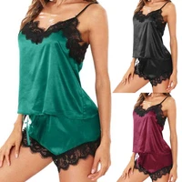 2pcsset lady sexy lace imitation silk v neck pajamas shorts sleepwear nightwear hot sales 2020