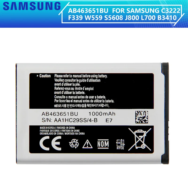 Оригинальный аккумулятор SAMSUNG AB463651BC AB463651BE AB463651BU W559 S5620 S5630C C3200 F339 S5296 C3322|battery
