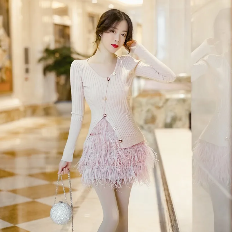 Новая модная женская мини юбка с розовыми перьями трикотажный топ комплект из