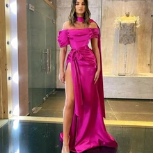 Off Shoulder Boat Neck Prom Dress Slit Satin Floor Length Formal Celebrity Party Gown For Woman Sleeveless Custom Robe De Sriee (3)