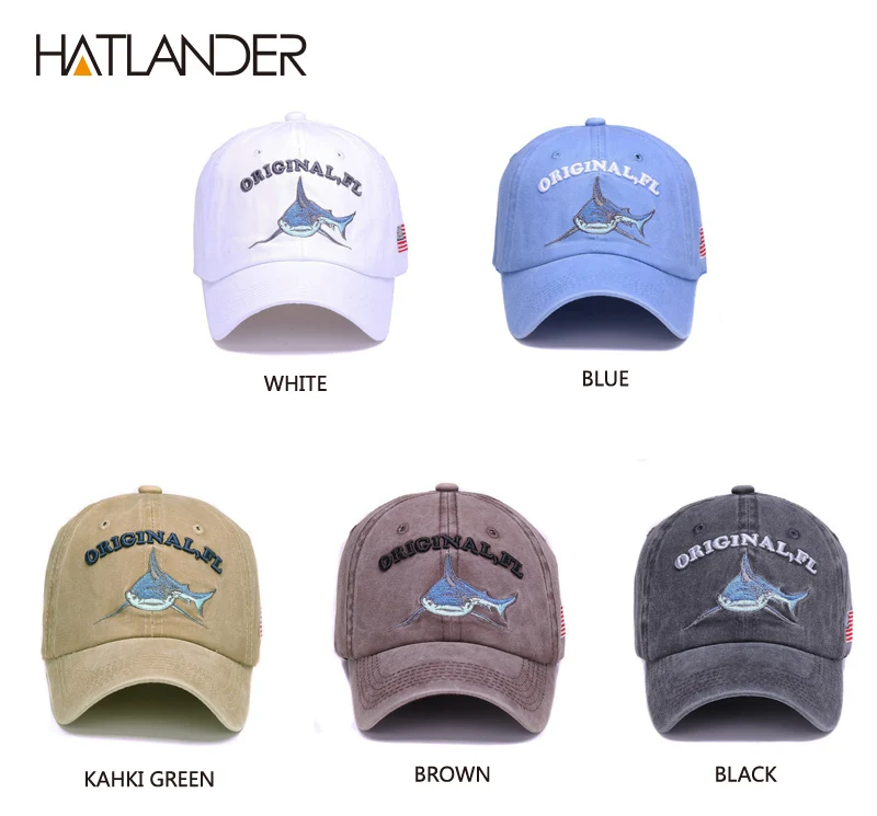 HATLANDER Модная хлопковая бейсбольная Кепка с вышивкой Акула мужская шляпа винтажная Спортивная шляпа Открытый gorras регулируемая хип-хоп кепка