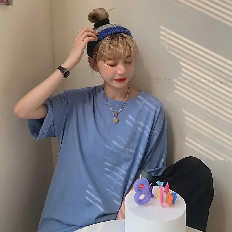 

2021 Summer short sleeve T-Shirt Women Tee Shirt Loose Solid Cotton 24 Basic T Shirt Women Casual O-neck High Quality Tee