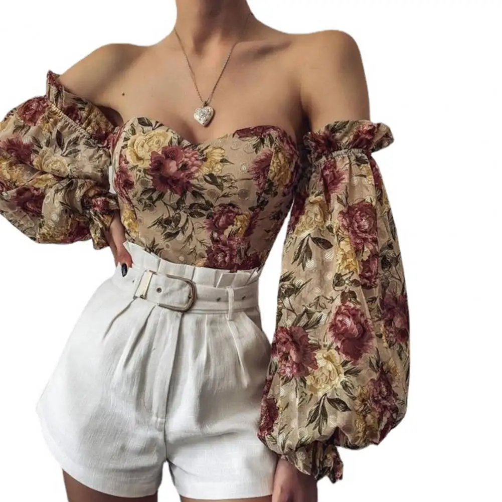 

Sexy Off Shoulder Ruffles Summer Crop Top Fashion Women Holiday Beach Shirt Vintage Leaf Printed Elegant 2021 Female Blouse