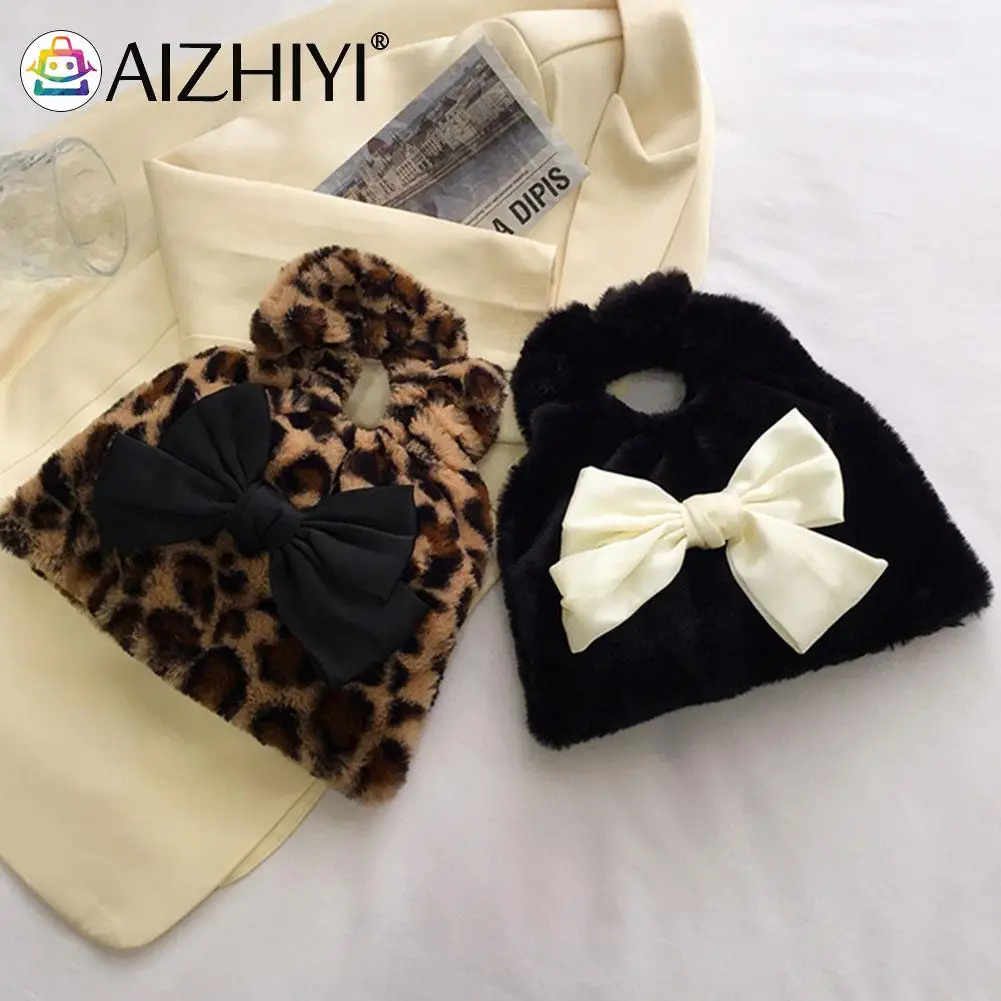 

Fashion Plush Handbags Leopard Print Design Pleated Handbag Women Winter Bowknot Purse Designer Top-Handle Bag