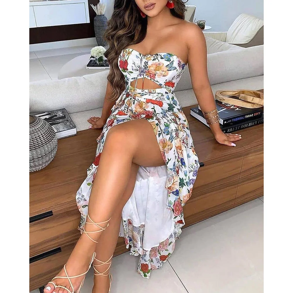 

Women Dress Floral Butterfly Print High Slit Off Shoulder Cut-out Spring Summer Vestidos Elegant Sexy Lady Beach Party Vestido