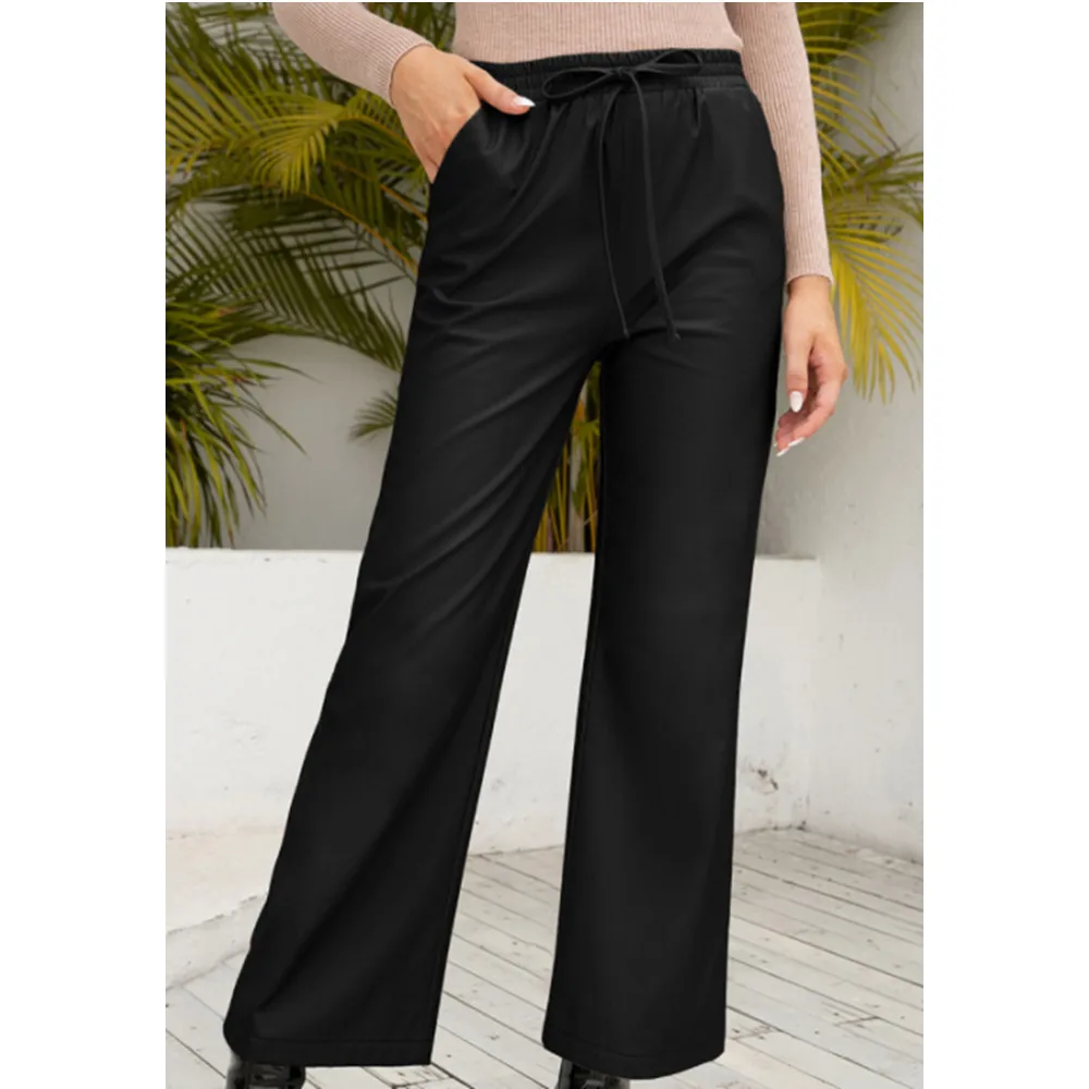 

2021 Autumn and Winter New Women's Wide-leg Trousers High-waist Loose Motorcycle Leather Straight Lace-up Solid Color Pants