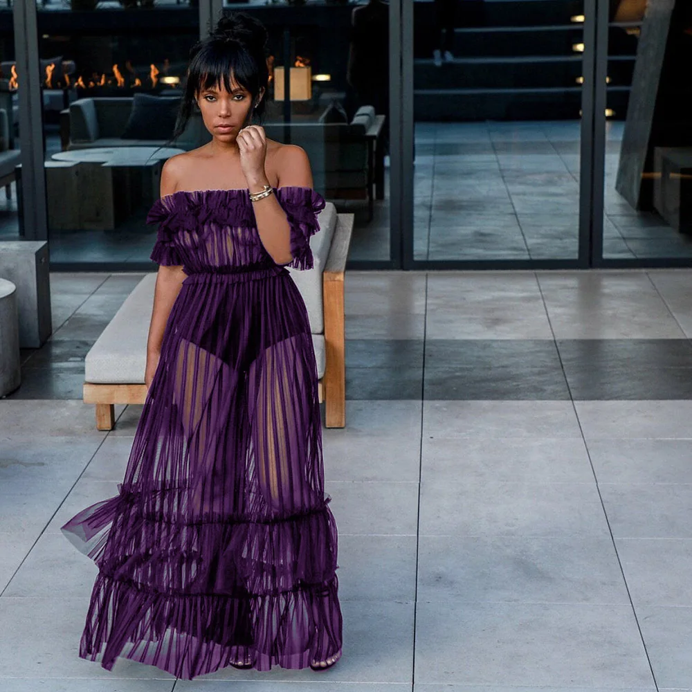 

Plus Size 3xl Women Ruffle Sexy Off Shoulder Mesh Swimsuits Cover-Ups Sheer See Through Bikini Cover Up Tulle Beach Long Dress