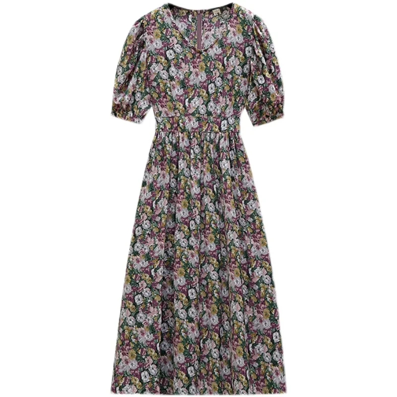 

Plus Size New Summer Women Prairie Chic Dress Short Sleeves V-Neck Floral Printed Zipper Casual Loose Dresses L XL 2XL 3XL 4XL