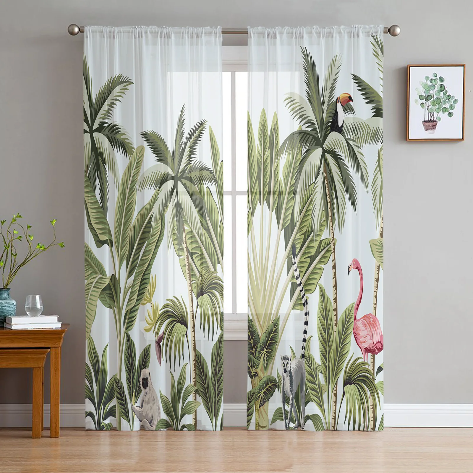 

Tropical Plant Flamingo Palm Tree Green Chiffon Sheer Curtains for Living Room Bedroom Decoration Window Voiles Tulle Curtain