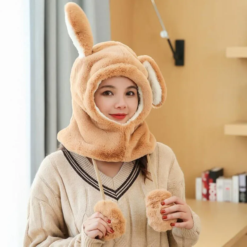 Зимняя Толстая шапка для девочек шарф капюшон с заячьими ушками милые теплые