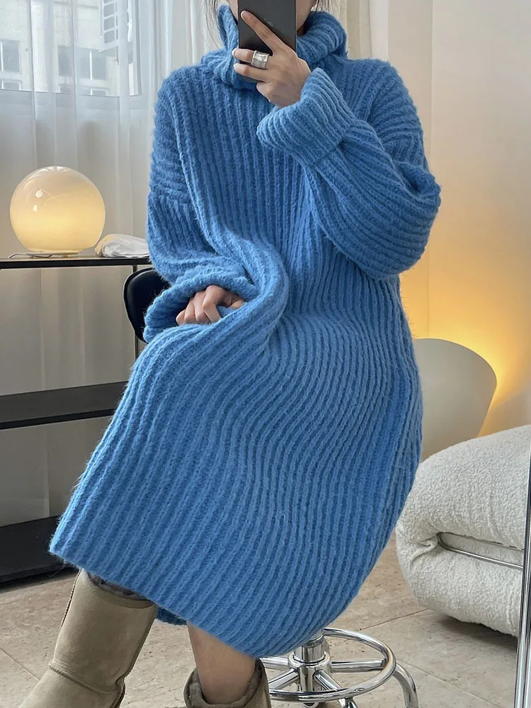 

ZURICHOUSE Autumn Winter Turtleneck Alpaca Sweater Dresses For Women Casual Loose Warm Long Knitted Dress 2022 New