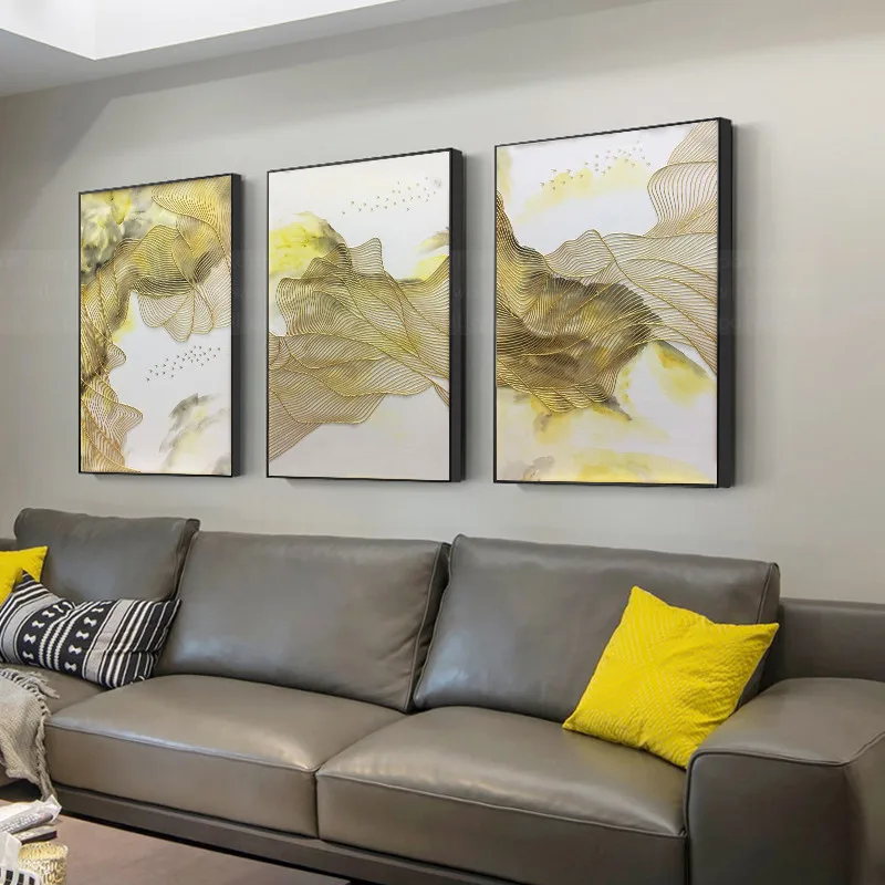 Kopen 3 Stuks Gold Lijn Abstract Canvas Schilderij Mountain Landschap Wall Art Foto Voor Woonkamer Thuis Wall Decor Originele Textuur