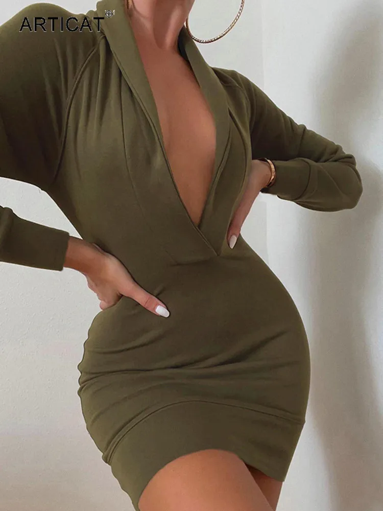 

Articat Slim Deep V Neck Women Dresses Long Sleeve Solid Sexy Female Outfits 2021 Autumn Fashion A-Line Pullover Pack Hip Dress