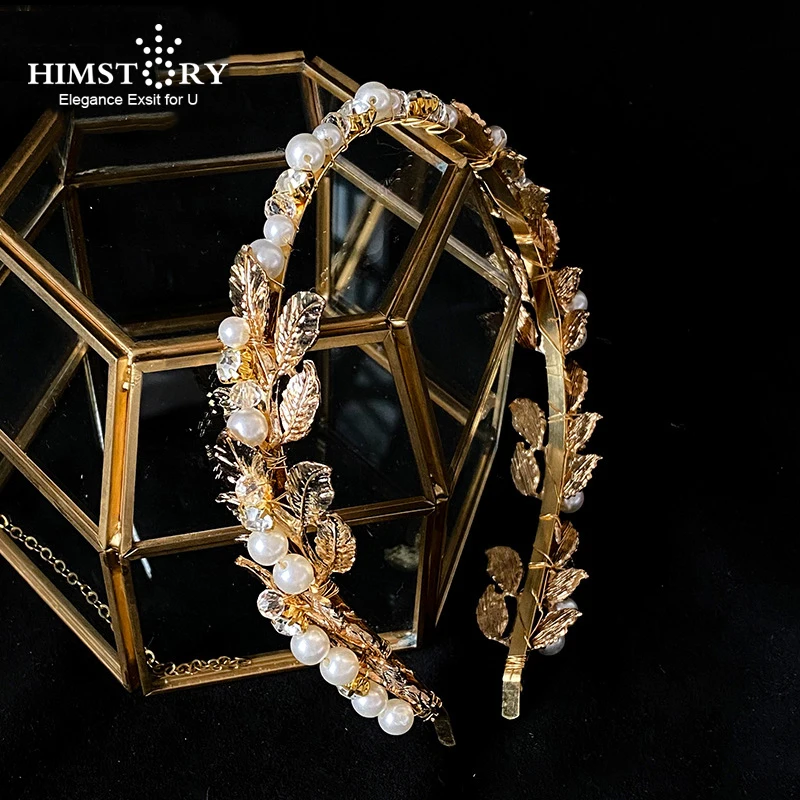 

HIMSTORY Leaf Style Wedding Party Bridal Tiara Vintage Bride Pearl Head Accessories Women Jewelry Hairband