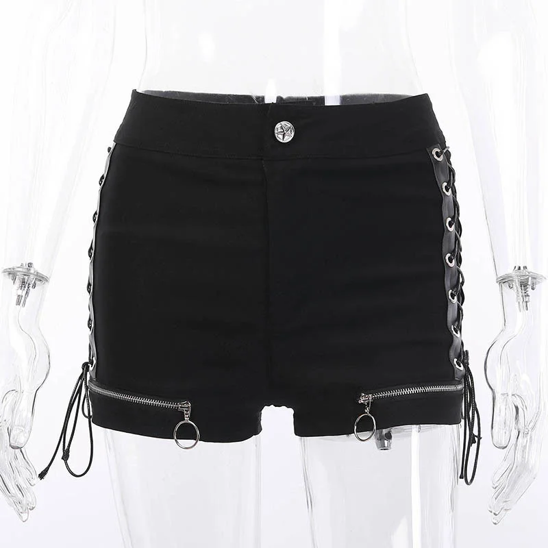 black Облегающие готические темные шорты на молнии для женщин из искусственной кожи со шнуровкой, тонкие черные короткие женские шорты с пуговицами пентаграммы, сексуальные гранж брюки - Цвет: black