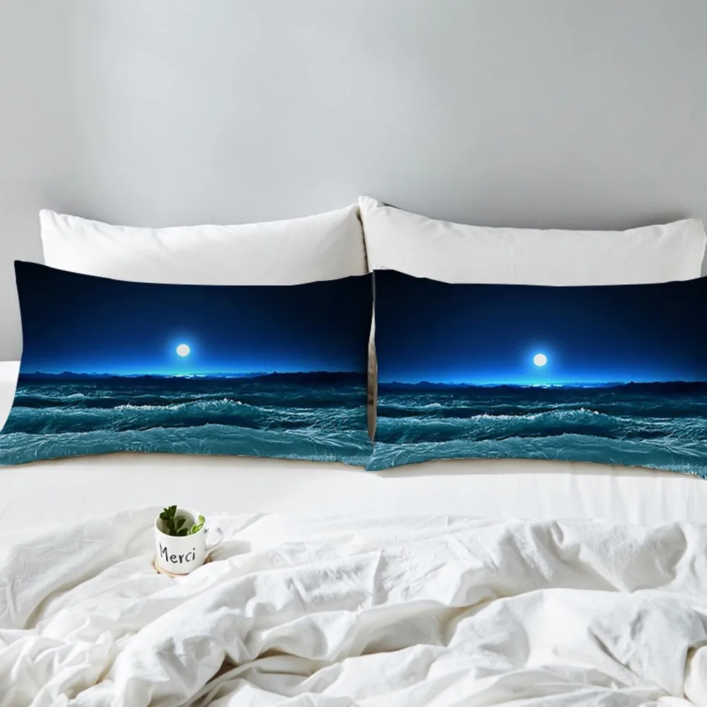 2pcs Moon Ocean Pillowcase Blue Printed Pillow Case 3D Landscape Bedding Cover Luxury 50x75 50x90cm | Дом и сад