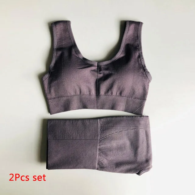 Brown 2pcs set Комплект из 2 предметов, бесшовный комплект для йоги, женская одежда для спортзала фитнеса, леггинсы с высокой талией, спортивный бюстгальтер, спортивная одежда для бега - Цвет: Brown 2pcs set