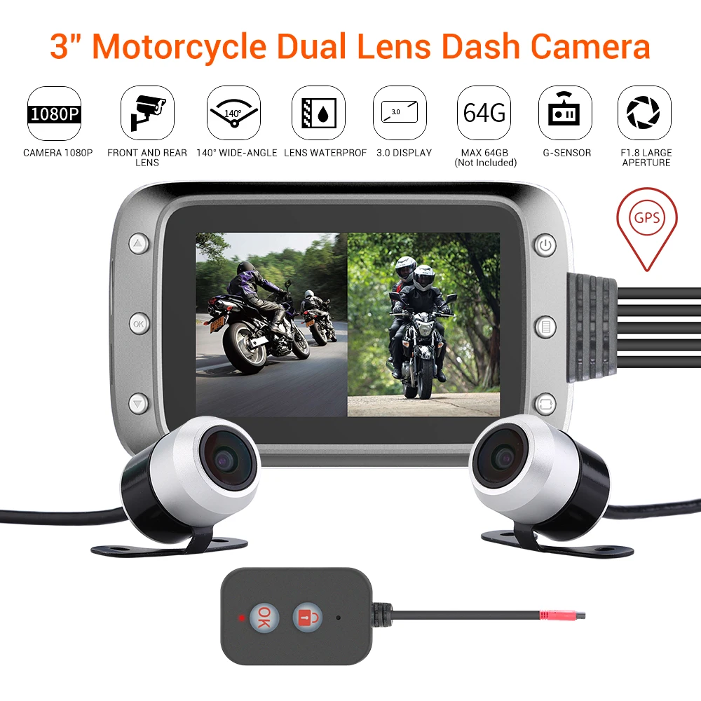 WONVON 3 &quotIPS Водонепроницаемая MT20 мотоциклетная камера с двойным HD 1080P DVR Moto GPS