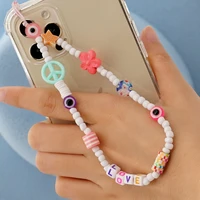 women love letter evil eyes mobile phone chain white beads acrylic flowers flat beads short hanging cord cell phone chain
