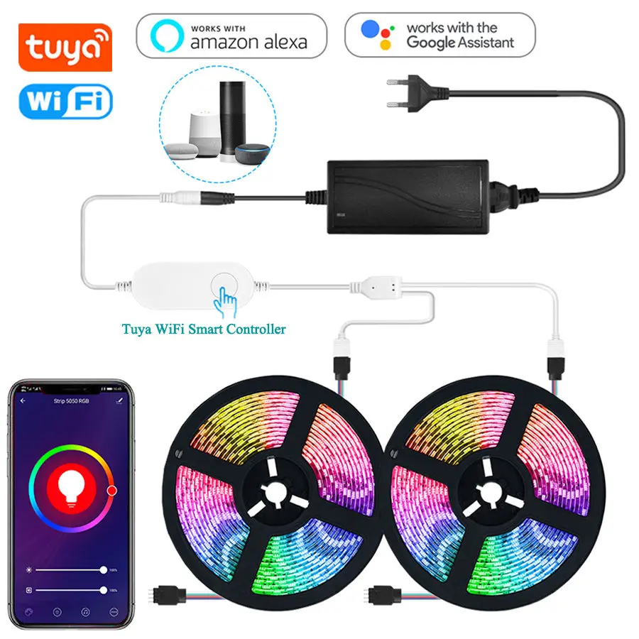 

Tuya Smart RGB LED Strip 5050 12V WiFi Strip Waterproof LED Tape Smart Life App Voice Control Work with Alexa Google Assistant