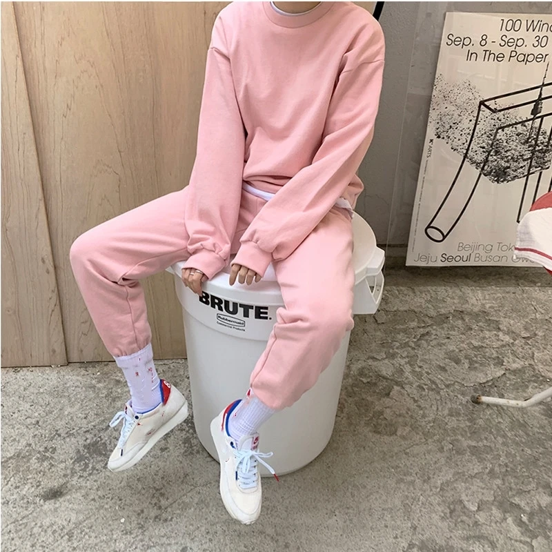 구매 2020 새로운 가을 여성 세트 두 조각 Pullovers 스포티 한 바지 라운지 착용 단색 Tracksuit 정장 WS8590