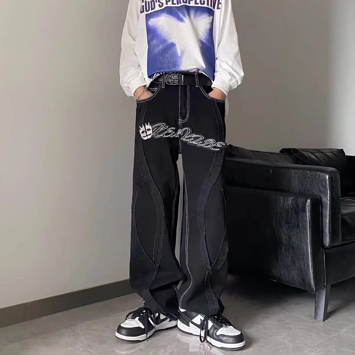 Брюки мужские в стиле ретро уличная одежда хип-хоп с вышивкой виде надписи джинсы
