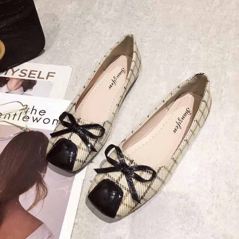 

2020 The new spring soft and sweet bow square toe casual shoes flat fashion Joker Mujer Chaussure Femm H14-53