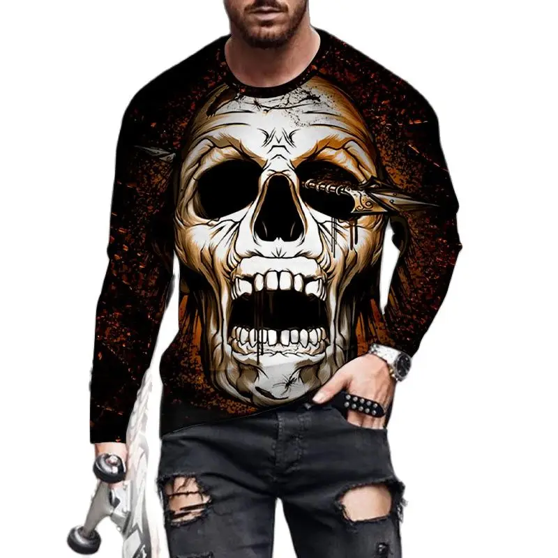

Футболка мужская с длинным рукавом, хлопок, круглый вырез, 3d-принт черепа, Повседневная Удобная дышащая уличная одежда, Ретро стиль