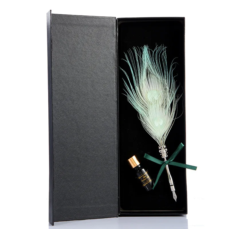 

1PCS Vintage Natural Peacock Hair Water Pen Kit Business Holiday Gift Student Calligraphy Fountain Pen Ink