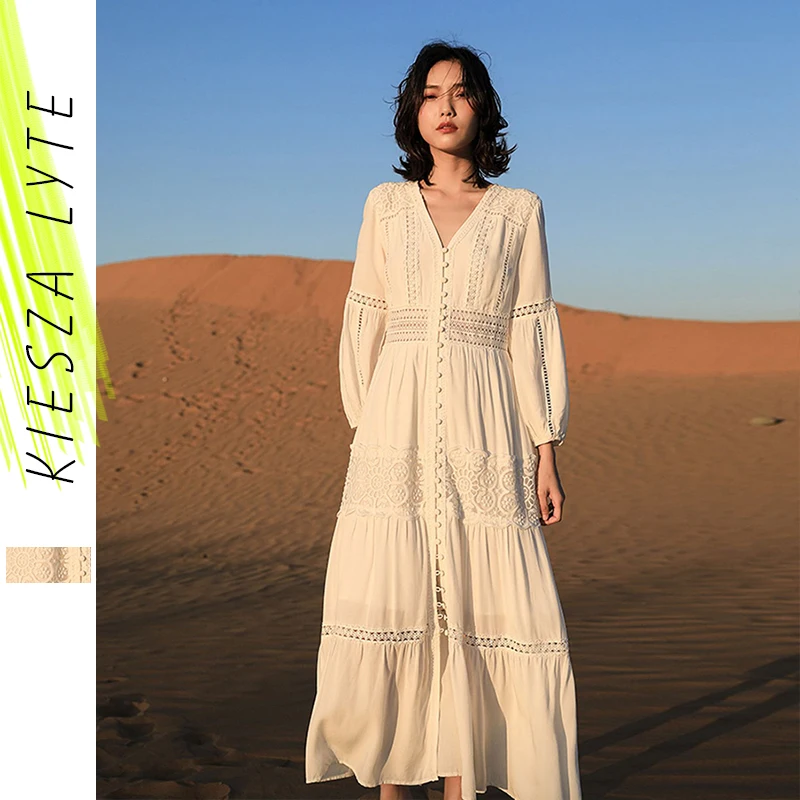 Женское пляжное платье с V образным вырезом длинное белое ажурное высокой талией