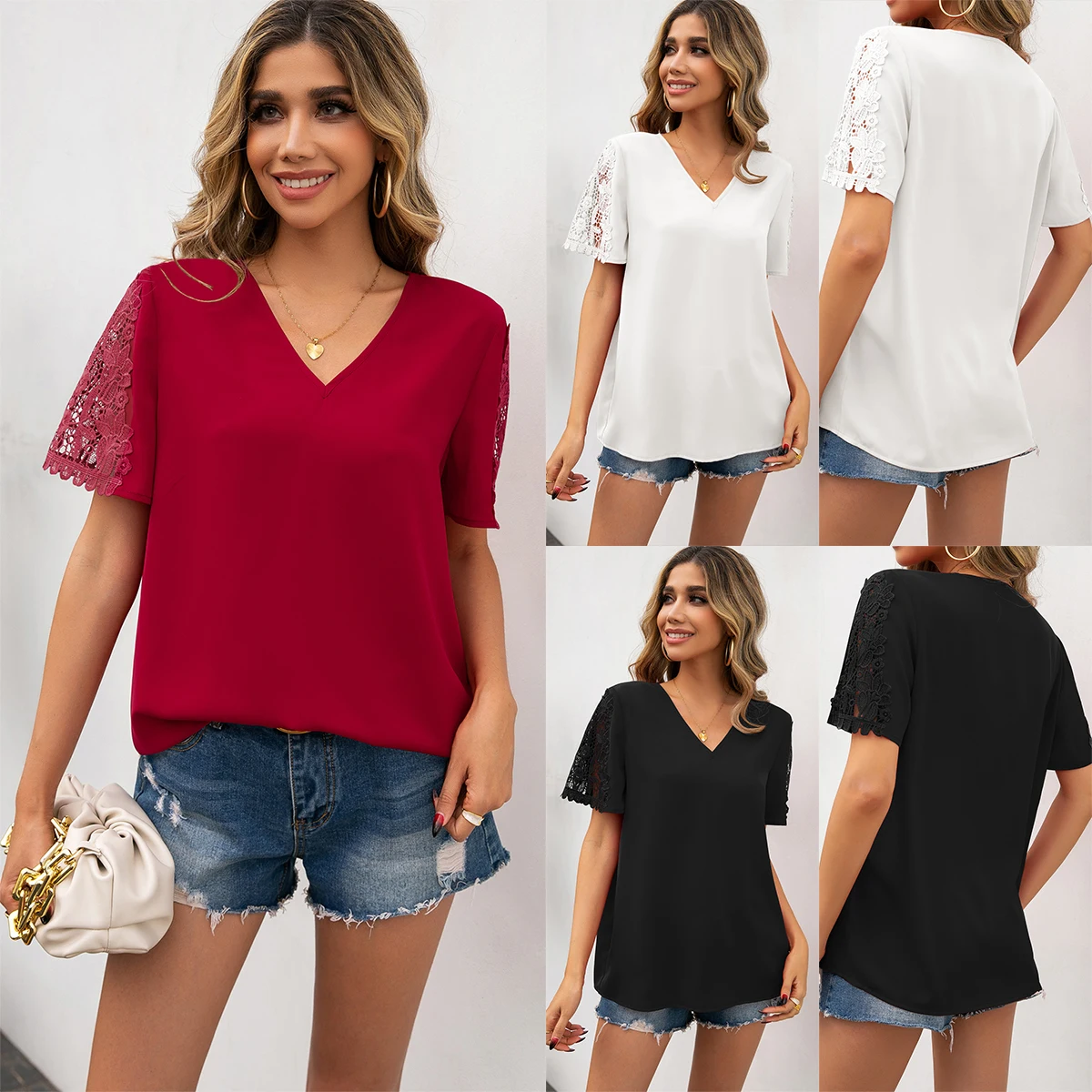 

Женская шифоновая рубашка с V-образным вырезом и кружевом