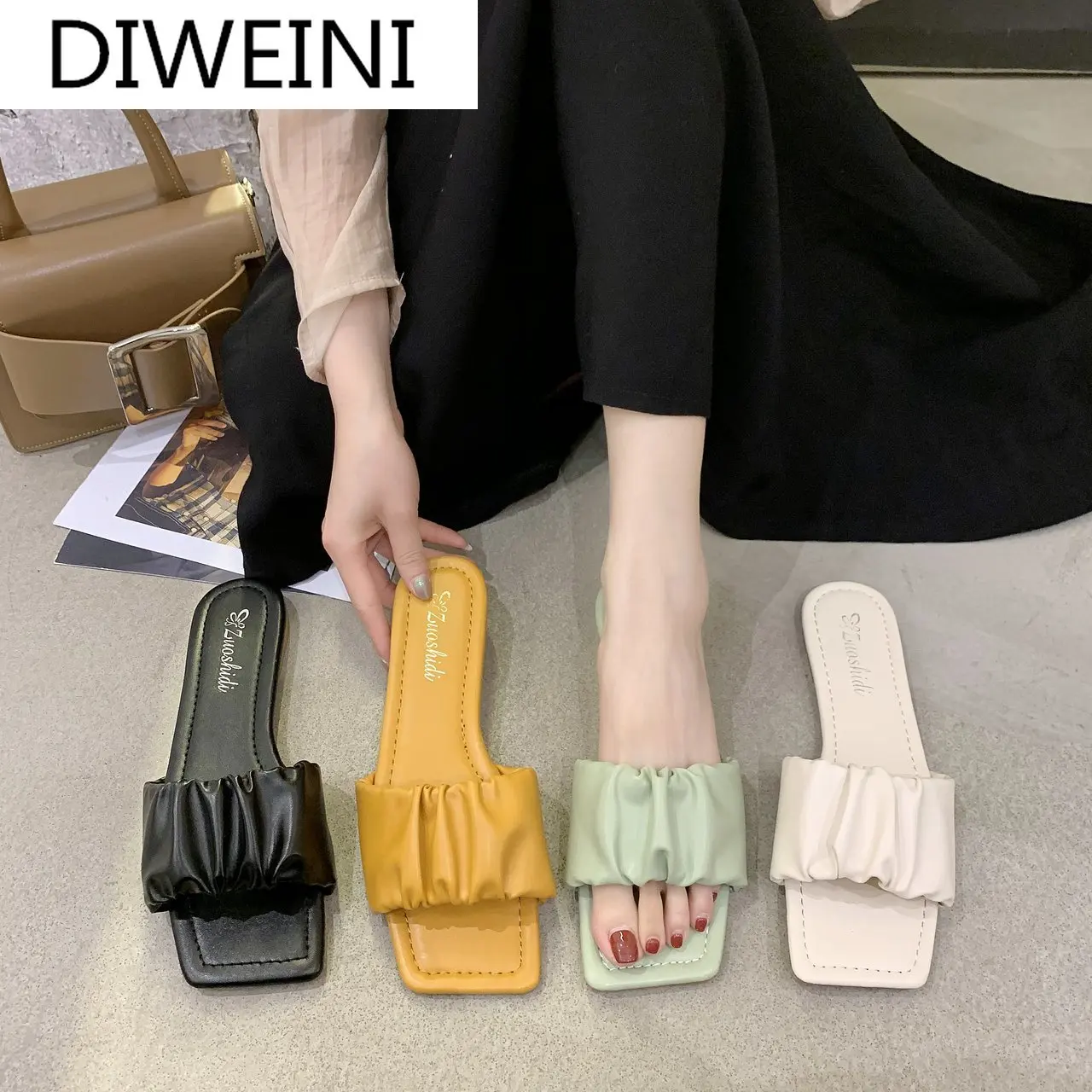 

Summer Square Open-toed Shoes Soft Sole Outdoor Slippers Women's Sandals Casual Pleated Herringbone Sandals Casual Beach Shoes