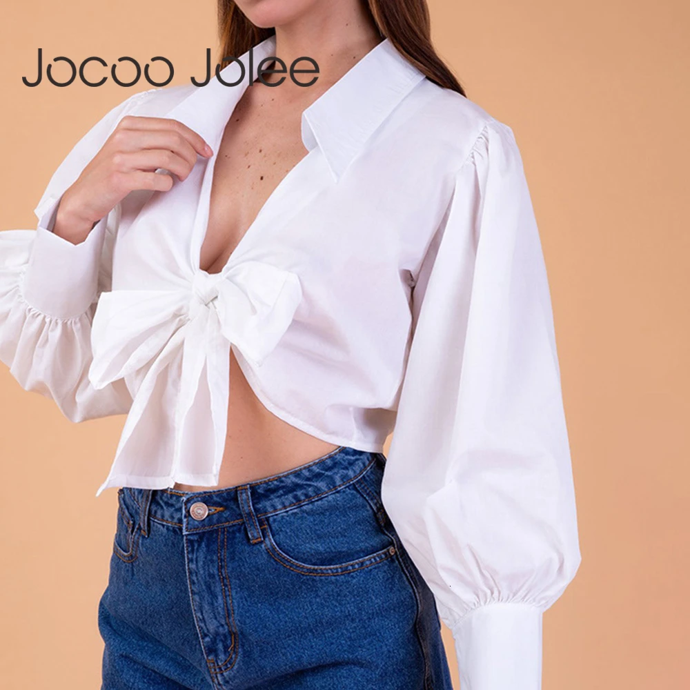 Женские клетчатые укороченные топы и блузки Jocoo Jolee с V образным вырезом осенняя