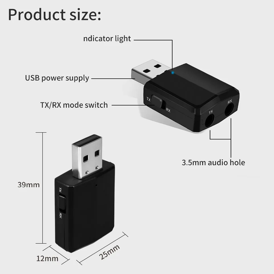 

USB Bluetooth 5.0 Transmitter Receiver 3 in 1 EDR Adapter Dongle 3.5mm AUX for TV PC Headphones Home Stereo Car Audio