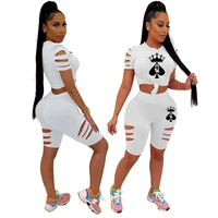 2021 summer new womens clothing hollow hole printing casual sports two piece suit