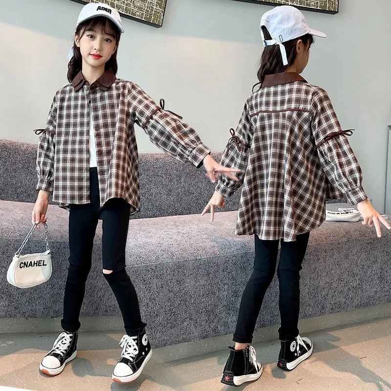 

Autumn Cotton Plaid Loose Blouse 2021 Spring Striped Shirt Korean Baby Long Sleeve Tops Children's Shirts School Girls Blouses