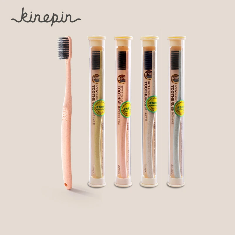 

KINEPIN 1PC Creative Adult Toothbrush Portable Wheat Straw Tooth Cleaning Charcoal Bristle Brush with Travel Storage Case